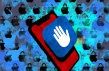 an illustration of a blue Lockdown Mode icon on a red phone on a blue background featuring Apple logos with padlocks.