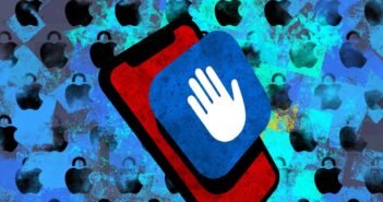 an illustration of a blue Lockdown Mode icon on a red phone on a blue background featuring Apple logos with padlocks.